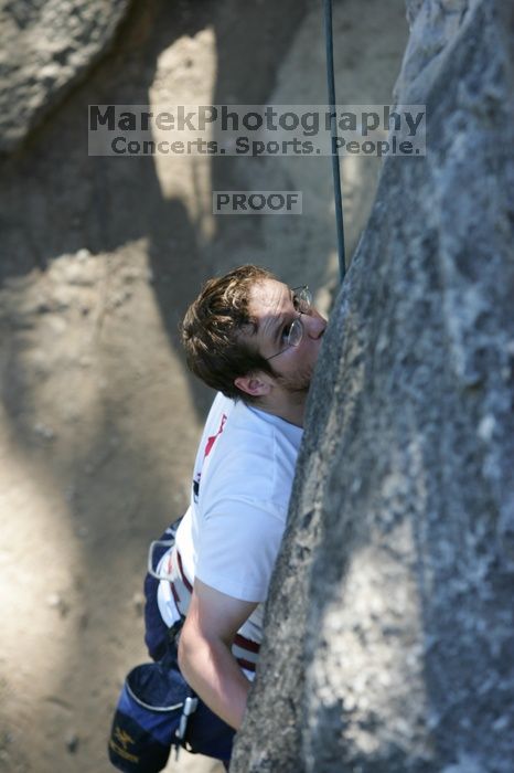 Me top roping Lick the Window (5.10c), shot by Javier Morales from the top of Ack! (5.11b, but using the crack for the start instead) that I top roped up with my camera on my back. It was another long day of rock climbing at Seismic Wall on Austin's Barton Creek Greenbelt, Sunday, April 5, 2009.
Filename: SRM_20090405_17241120.jpg
Aperture: f/4.5
Shutter Speed: 1/320
Body: Canon EOS-1D Mark II
Lens: Canon EF 80-200mm f/2.8 L