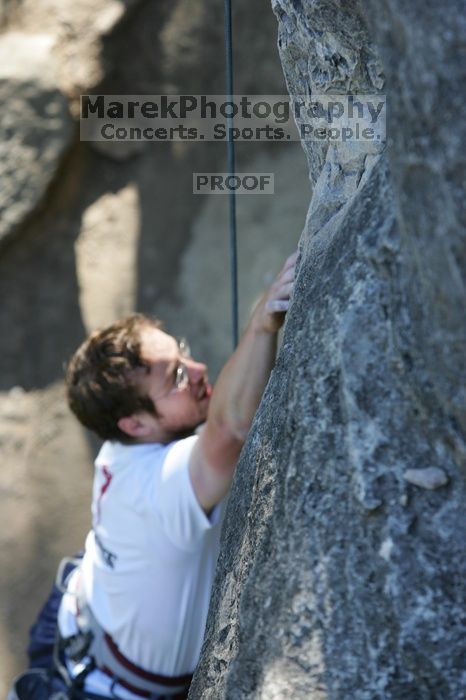 Me top roping Lick the Window (5.10c), shot by Javier Morales from the top of Ack! (5.11b, but using the crack for the start instead) that I top roped up with my camera on my back. It was another long day of rock climbing at Seismic Wall on Austin's Barton Creek Greenbelt, Sunday, April 5, 2009.
Filename: SRM_20090405_17241123.jpg
Aperture: f/4.5
Shutter Speed: 1/320
Body: Canon EOS-1D Mark II
Lens: Canon EF 80-200mm f/2.8 L