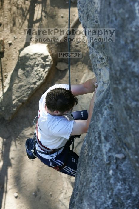 Me top roping Lick the Window (5.10c), shot by Javier Morales from the top of Ack! (5.11b, but using the crack for the start instead) that I top roped up with my camera on my back. It was another long day of rock climbing at Seismic Wall on Austin's Barton Creek Greenbelt, Sunday, April 5, 2009.
Filename: SRM_20090405_17261145.jpg
Aperture: f/4.5
Shutter Speed: 1/320
Body: Canon EOS-1D Mark II
Lens: Canon EF 80-200mm f/2.8 L
