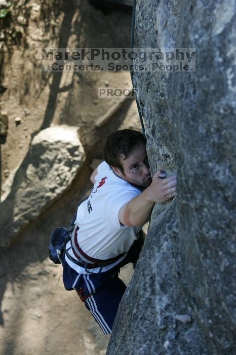 Me top roping Lick the Window (5.10c), shot by Javier Morales from the top of Ack! (5.11b, but using the crack for the start instead) that I top roped up with my camera on my back. It was another long day of rock climbing at Seismic Wall on Austin's Barton Creek Greenbelt, Sunday, April 5, 2009.
Filename: SRM_20090405_17263272.jpg
Aperture: f/5.0
Shutter Speed: 1/320
Body: Canon EOS-1D Mark II
Lens: Canon EF 80-200mm f/2.8 L