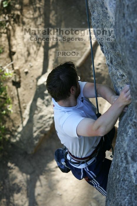 Me top roping Lick the Window (5.10c), shot by Javier Morales from the top of Ack! (5.11b, but using the crack for the start instead) that I top roped up with my camera on my back.  It was another long day of rock climbing at Seismic Wall on Austin's Barton Creek Greenbelt, Sunday, April 5, 2009.

Filename: SRM_20090405_17275400.jpg
Aperture: f/4.5
Shutter Speed: 1/320
Body: Canon EOS-1D Mark II
Lens: Canon EF 80-200mm f/2.8 L