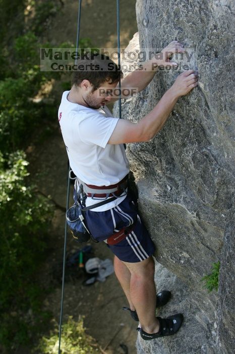 Me top roping Lick the Window (5.10c), shot by Javier Morales from the top of Ack! (5.11b, but using the crack for the start instead) that I top roped up with my camera on my back. It was another long day of rock climbing at Seismic Wall on Austin's Barton Creek Greenbelt, Sunday, April 5, 2009.
Filename: SRM_20090405_17285745.jpg
Aperture: f/4.5
Shutter Speed: 1/320
Body: Canon EOS-1D Mark II
Lens: Canon EF 80-200mm f/2.8 L