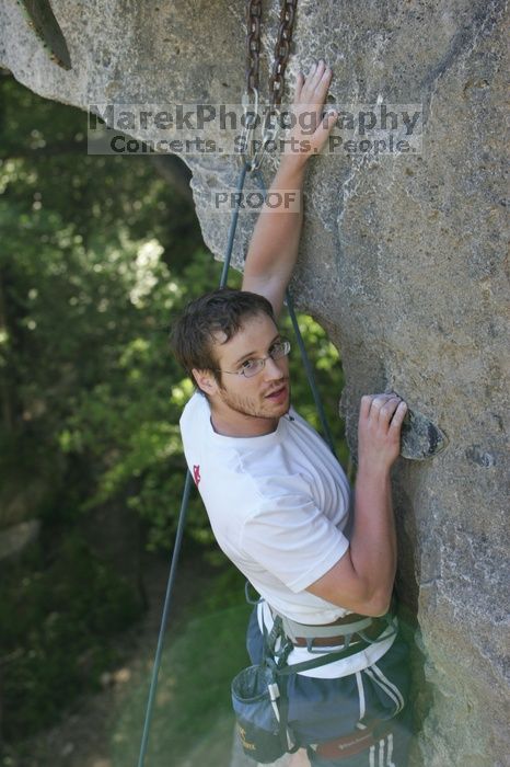 Me top roping Lick the Window (5.10c), shot by Javier Morales from the top of Ack! (5.11b, but using the crack for the start instead) that I top roped up with my camera on my back. It was another long day of rock climbing at Seismic Wall on Austin's Barton Creek Greenbelt, Sunday, April 5, 2009.
Filename: SRM_20090405_17295070.jpg
Aperture: f/5.0
Shutter Speed: 1/320
Body: Canon EOS-1D Mark II
Lens: Canon EF 80-200mm f/2.8 L