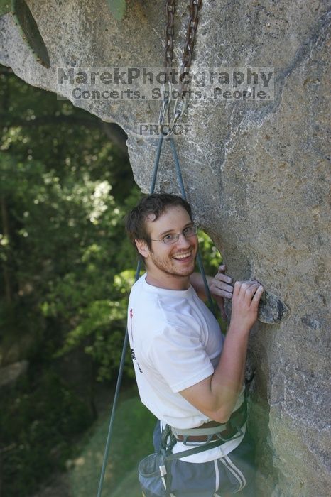 Me top roping Lick the Window (5.10c), shot by Javier Morales from the top of Ack! (5.11b, but using the crack for the start instead) that I top roped up with my camera on my back.  It was another long day of rock climbing at Seismic Wall on Austin's Barton Creek Greenbelt, Sunday, April 5, 2009.

Filename: SRM_20090405_17295272.jpg
Aperture: f/5.0
Shutter Speed: 1/320
Body: Canon EOS-1D Mark II
Lens: Canon EF 80-200mm f/2.8 L