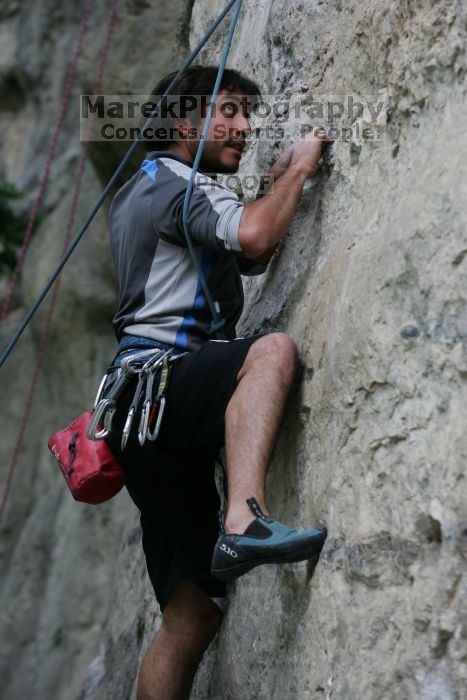 Javier Morales leading up Angel of Poets (5.10a).  It was another long day of rock climbing at Seismic Wall on Austin's Barton Creek Greenbelt, Saturday, April 11, 2009.

Filename: SRM_20090411_12353705.JPG
Aperture: f/4.5
Shutter Speed: 1/250
Body: Canon EOS-1D Mark II
Lens: Canon EF 80-200mm f/2.8 L