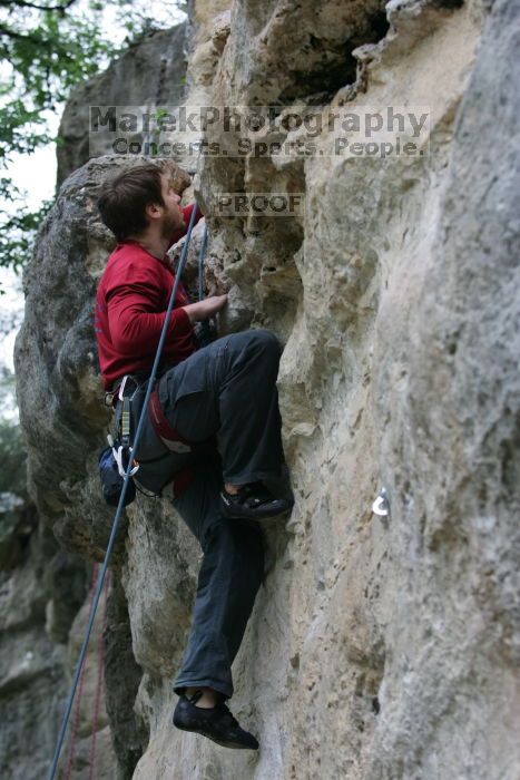 Me top rope climbing Angel of Poets (5.10a), taken by Andrew Dreher.  It was another long day of rock climbing at Seismic Wall on Austin's Barton Creek Greenbelt, Saturday, April 11, 2009.

Filename: SRM_20090411_13055731.JPG
Aperture: f/4.0
Shutter Speed: 1/200
Body: Canon EOS-1D Mark II
Lens: Canon EF 80-200mm f/2.8 L