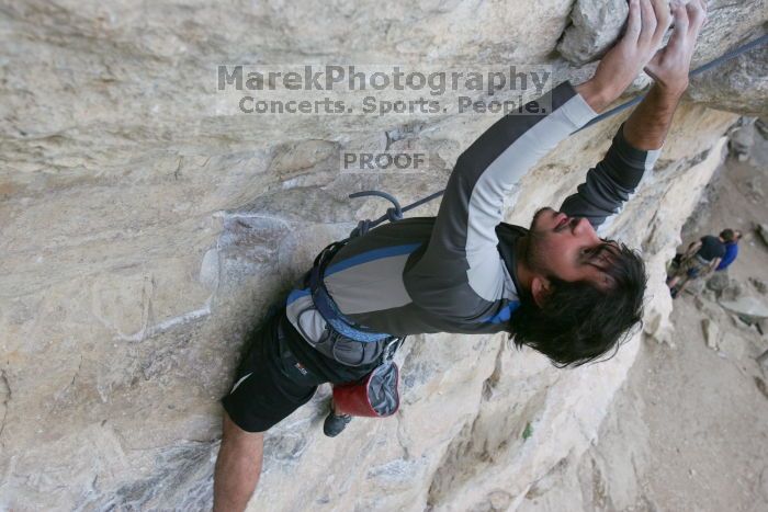 Javier Morales top rope climbing Diving for Rocks (5.10d), photographed from the third bolt of Magster (5.10a). It was another long day of rock climbing at Seismic Wall on Austin's Barton Creek Greenbelt, Saturday, April 11, 2009.
Filename: SRM_20090411_16483224.JPG
Aperture: f/5.6
Shutter Speed: 1/320
Body: Canon EOS-1D Mark II
Lens: Canon EF 16-35mm f/2.8 L