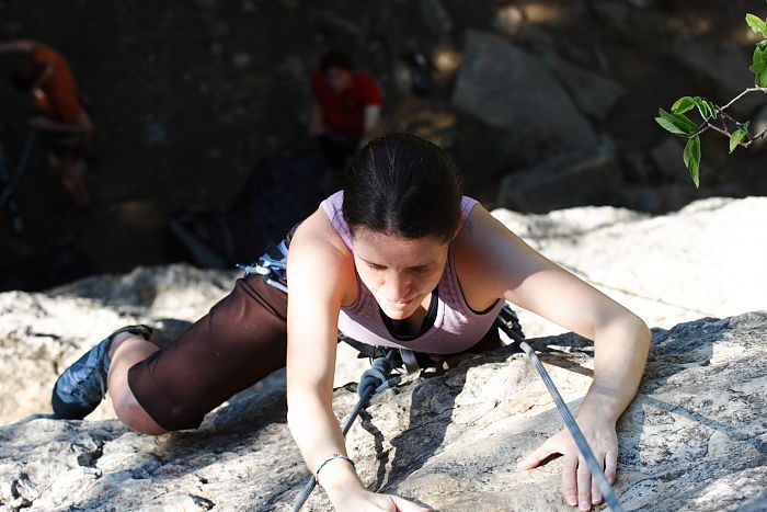 Beth Marek top rope climbing Roo Dog (5.8), taken from the anchors of the route. It was Beth's third time outside, and another long day of rock climbing at Seismic Wall on Austin's Barton Creek Greenbelt, Monday, May 25, 2009.
Filename: SRM_20090525_09515991.JPG
Aperture: f/5.6
Shutter Speed: 1/400
Body: Canon EOS-1D Mark II
Lens: Canon EF 80-200mm f/2.8 L