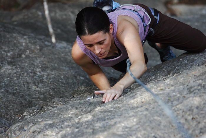 Beth Marek top rope climbing Hollywood (5.7), taken from the anchors of the route. It was Beth's third time outside, and another long day of rock climbing at Seismic Wall on Austin's Barton Creek Greenbelt, Monday, May 25, 2009.
Filename: SRM_20090525_10390127.JPG
Aperture: f/4.0
Shutter Speed: 1/400
Body: Canon EOS-1D Mark II
Lens: Canon EF 80-200mm f/2.8 L