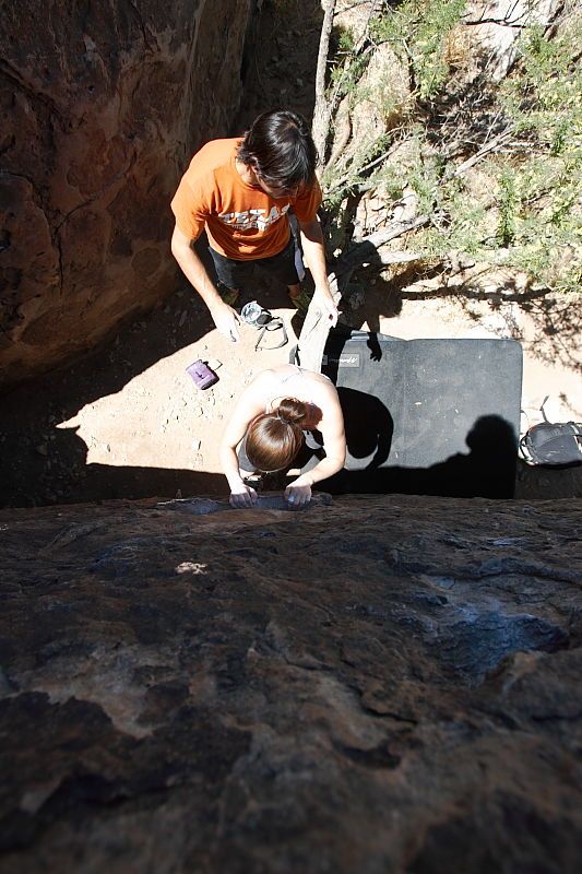 Beth Marek rock climbing in Hueco Tanks State Park and Historic Site during the Hueco Tanks Awesome Fest 2010 trip, Friday, May 21, 2010.
Filename: SRM_20100521_13240468.JPG
Aperture: f/5.6
Shutter Speed: 1/500
Body: Canon EOS-1D Mark II
Lens: Canon EF 16-35mm f/2.8 L