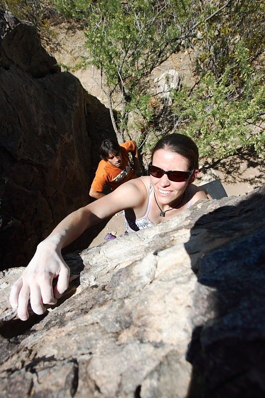 Beth Marek rock climbing in Hueco Tanks State Park and Historic Site during the Hueco Tanks Awesome Fest 2010 trip, Friday, May 21, 2010.
Filename: SRM_20100521_13242776.JPG
Aperture: f/5.6
Shutter Speed: 1/1250
Body: Canon EOS-1D Mark II
Lens: Canon EF 16-35mm f/2.8 L