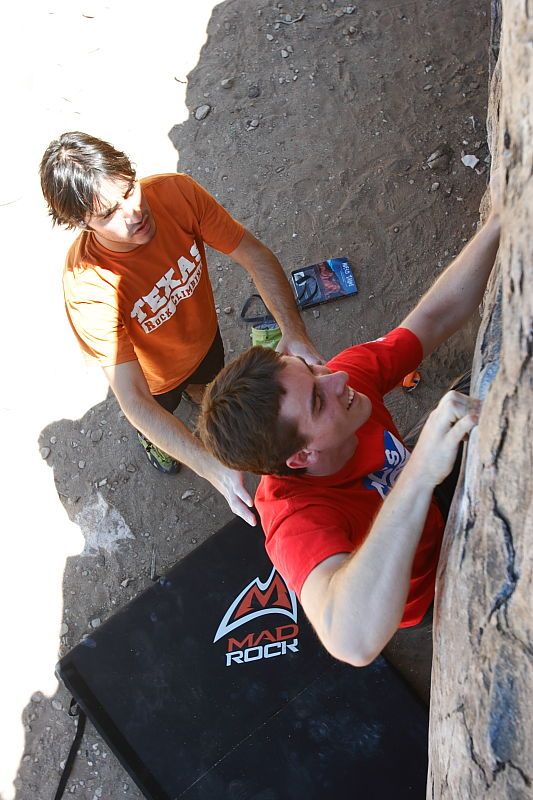 Raanan Robertson rock climbing in Hueco Tanks State Park and Historic Site during the Hueco Tanks Awesome Fest 2010 trip, Friday, May 21, 2010.
Filename: SRM_20100521_13261781.JPG
Aperture: f/5.6
Shutter Speed: 1/160
Body: Canon EOS-1D Mark II
Lens: Canon EF 16-35mm f/2.8 L