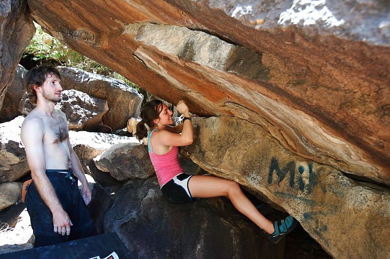 Sarah Williams rock climbing in Hueco Tanks State Park and Historic Site during the Hueco Tanks Awesome Fest 2010 trip, Friday, May 21, 2010.
Filename: SRM_20100521_15031096.JPG
Aperture: f/4.0
Shutter Speed: 1/200
Body: Canon EOS-1D Mark II
Lens: Canon EF 16-35mm f/2.8 L