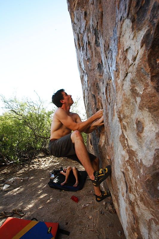 Raanan Robertson rock climbing in Hueco Tanks State Park and Historic Site during the Hueco Tanks Awesome Fest 2010 trip, Friday, May 21, 2010.

Filename: SRM_20100521_19250797.JPG
Aperture: f/8.0
Shutter Speed: 1/200
Body: Canon EOS-1D Mark II
Lens: Canon EF 16-35mm f/2.8 L