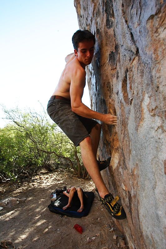 Raanan Robertson rock climbing in Hueco Tanks State Park and Historic Site during the Hueco Tanks Awesome Fest 2010 trip, Friday, May 21, 2010.
Filename: SRM_20100521_19251504.JPG
Aperture: f/8.0
Shutter Speed: 1/160
Body: Canon EOS-1D Mark II
Lens: Canon EF 16-35mm f/2.8 L