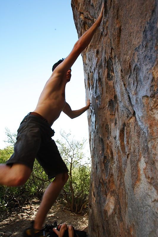 Raanan Robertson rock climbing in Hueco Tanks State Park and Historic Site during the Hueco Tanks Awesome Fest 2010 trip, Friday, May 21, 2010.
Filename: SRM_20100521_19251812.JPG
Aperture: f/8.0
Shutter Speed: 1/200
Body: Canon EOS-1D Mark II
Lens: Canon EF 16-35mm f/2.8 L