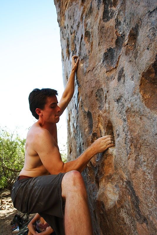 Raanan Robertson rock climbing in Hueco Tanks State Park and Historic Site during the Hueco Tanks Awesome Fest 2010 trip, Friday, May 21, 2010.
Filename: SRM_20100521_19283821.JPG
Aperture: f/5.6
Shutter Speed: 1/200
Body: Canon EOS-1D Mark II
Lens: Canon EF 16-35mm f/2.8 L