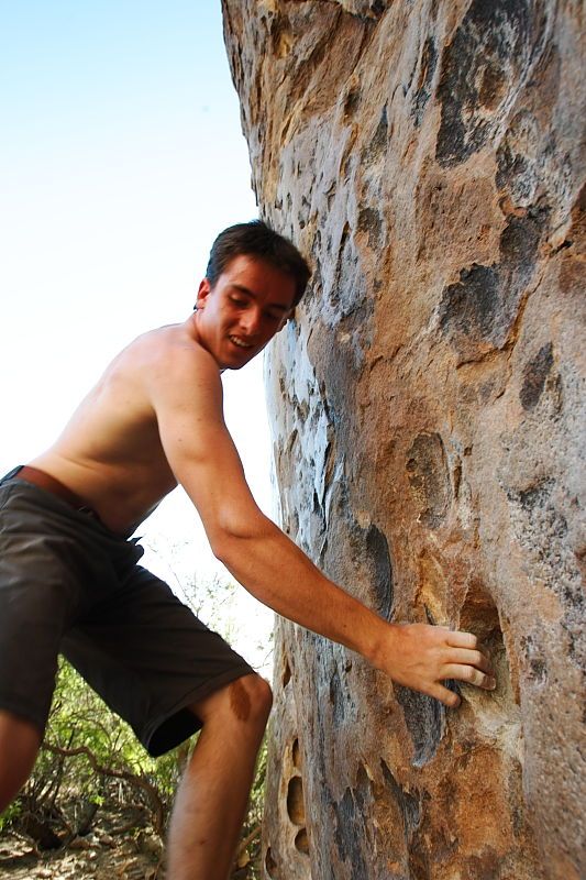 Raanan Robertson rock climbing in Hueco Tanks State Park and Historic Site during the Hueco Tanks Awesome Fest 2010 trip, Friday, May 21, 2010.
Filename: SRM_20100521_19284626.JPG
Aperture: f/5.6
Shutter Speed: 1/160
Body: Canon EOS-1D Mark II
Lens: Canon EF 16-35mm f/2.8 L