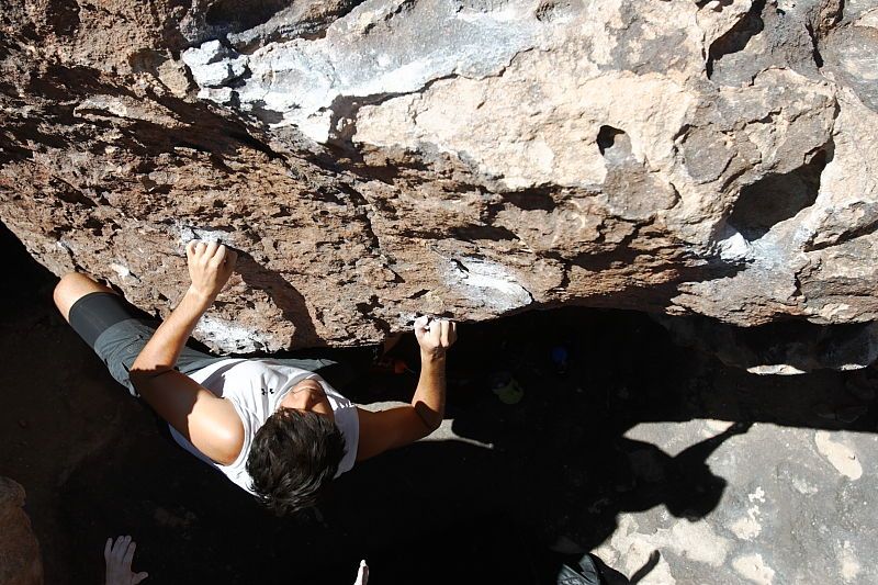 Cayce Wilson rock climbing in Hueco Tanks State Park and Historic Site during the Hueco Tanks Awesome Fest 2010 trip, Saturday, May 22, 2010.
Filename: SRM_20100522_10401896.JPG
Aperture: f/5.6
Shutter Speed: 1/400
Body: Canon EOS-1D Mark II
Lens: Canon EF 16-35mm f/2.8 L