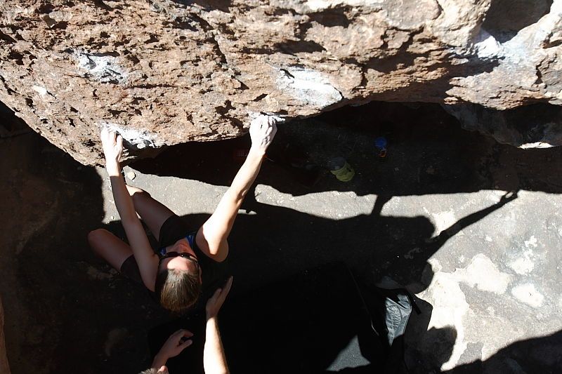 Beth Marek rock climbing in Hueco Tanks State Park and Historic Site during the Hueco Tanks Awesome Fest 2010 trip, Saturday, May 22, 2010.
Filename: SRM_20100522_10423102.JPG
Aperture: f/5.6
Shutter Speed: 1/250
Body: Canon EOS-1D Mark II
Lens: Canon EF 16-35mm f/2.8 L