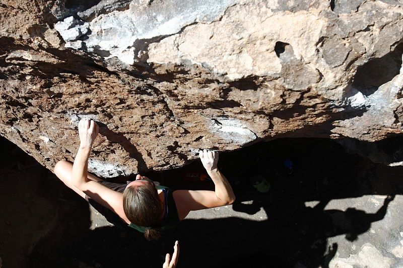 Beth Marek rock climbing in Hueco Tanks State Park and Historic Site during the Hueco Tanks Awesome Fest 2010 trip, Saturday, May 22, 2010.
Filename: SRM_20100522_10423705.JPG
Aperture: f/5.6
Shutter Speed: 1/400
Body: Canon EOS-1D Mark II
Lens: Canon EF 16-35mm f/2.8 L