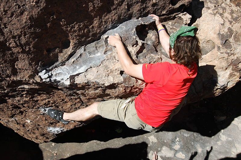 Steve Marek rock climbing in Hueco Tanks State Park and Historic Site during the Hueco Tanks Awesome Fest 2010 trip, Saturday, May 22, 2010.

Filename: SRM_20100522_10474048.JPG
Aperture: f/5.0
Shutter Speed: 1/800
Body: Canon EOS-1D Mark II
Lens: Canon EF 16-35mm f/2.8 L