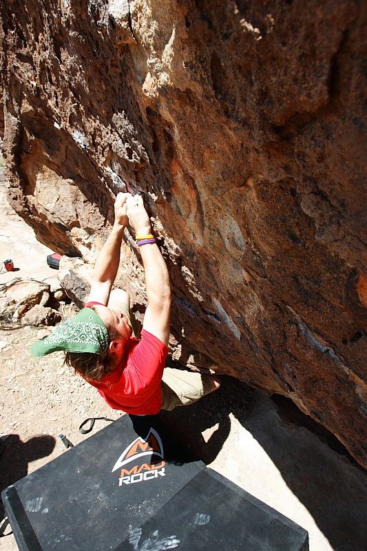 Steve Marek rock climbing in Hueco Tanks State Park and Historic Site during the Hueco Tanks Awesome Fest 2010 trip, Saturday, May 22, 2010.
Filename: SRM_20100522_12240429.JPG
Aperture: f/8.0
Shutter Speed: 1/400
Body: Canon EOS-1D Mark II
Lens: Canon EF 16-35mm f/2.8 L