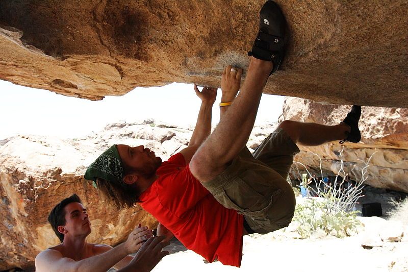 Steve Marek rock climbing in Hueco Tanks State Park and Historic Site during the Hueco Tanks Awesome Fest 2010 trip, Saturday, May 22, 2010.
Filename: SRM_20100522_13564448.JPG
Aperture: f/8.0
Shutter Speed: 1/800
Body: Canon EOS-1D Mark II
Lens: Canon EF 16-35mm f/2.8 L