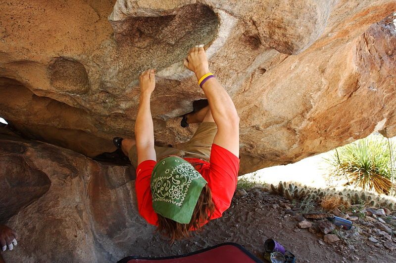 Steve Marek rock climbing on No One Gets Out of Here Alive (V2) in Hueco Tanks State Park and Historic Site during the Hueco Tanks Awesome Fest 2010 trip, Saturday, May 22, 2010.
Filename: SRM_20100522_15181692.JPG
Aperture: f/5.6
Shutter Speed: 1/200
Body: Canon EOS-1D Mark II
Lens: Canon EF 16-35mm f/2.8 L