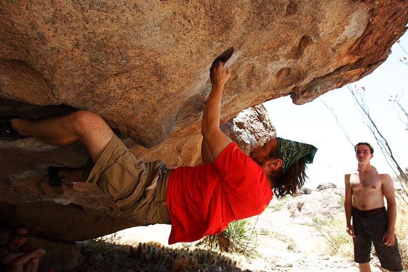 Steve Marek rock climbing on No One Gets Out of Here Alive (V2) in Hueco Tanks State Park and Historic Site during the Hueco Tanks Awesome Fest 2010 trip, Saturday, May 22, 2010.
Filename: SRM_20100522_15182503.JPG
Aperture: f/5.6
Shutter Speed: 1/640
Body: Canon EOS-1D Mark II
Lens: Canon EF 16-35mm f/2.8 L