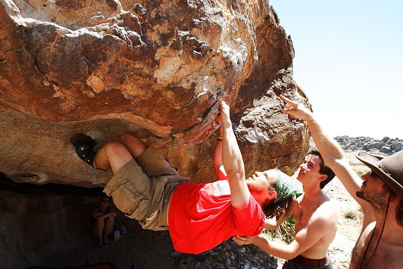 Steve Marek rock climbing on No One Gets Out of Here Alive (V2) in Hueco Tanks State Park and Historic Site during the Hueco Tanks Awesome Fest 2010 trip, Saturday, May 22, 2010.
Filename: SRM_20100522_15184722.JPG
Aperture: f/5.6
Shutter Speed: 1/800
Body: Canon EOS-1D Mark II
Lens: Canon EF 16-35mm f/2.8 L