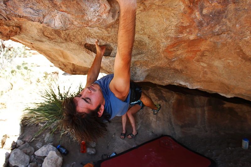 Javier Morales rock climbing on No One Gets Out of Here Alive (V2) in Hueco Tanks State Park and Historic Site during the Hueco Tanks Awesome Fest 2010 trip, Saturday, May 22, 2010.
Filename: SRM_20100522_15230936.JPG
Aperture: f/5.6
Shutter Speed: 1/400
Body: Canon EOS-1D Mark II
Lens: Canon EF 16-35mm f/2.8 L