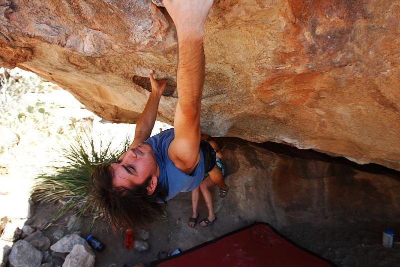Javier Morales rock climbing on No One Gets Out of Here Alive (V2) in Hueco Tanks State Park and Historic Site during the Hueco Tanks Awesome Fest 2010 trip, Saturday, May 22, 2010.
Filename: SRM_20100522_15230937.JPG
Aperture: f/5.6
Shutter Speed: 1/400
Body: Canon EOS-1D Mark II
Lens: Canon EF 16-35mm f/2.8 L