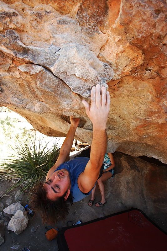 Javier Morales rock climbing on No One Gets Out of Here Alive (V2) in Hueco Tanks State Park and Historic Site during the Hueco Tanks Awesome Fest 2010 trip, Saturday, May 22, 2010.
Filename: SRM_20100522_15231141.JPG
Aperture: f/5.6
Shutter Speed: 1/400
Body: Canon EOS-1D Mark II
Lens: Canon EF 16-35mm f/2.8 L