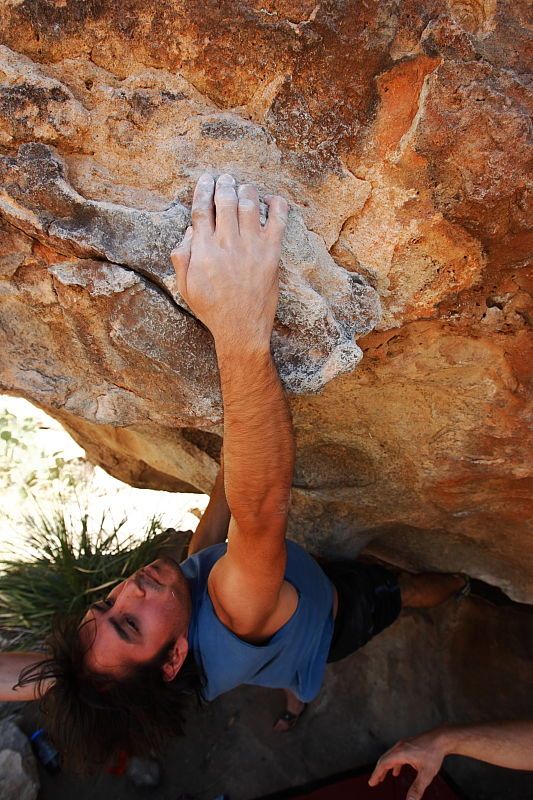 Javier Morales rock climbing on No One Gets Out of Here Alive (V2) in Hueco Tanks State Park and Historic Site during the Hueco Tanks Awesome Fest 2010 trip, Saturday, May 22, 2010.
Filename: SRM_20100522_15231647.JPG
Aperture: f/5.6
Shutter Speed: 1/500
Body: Canon EOS-1D Mark II
Lens: Canon EF 16-35mm f/2.8 L