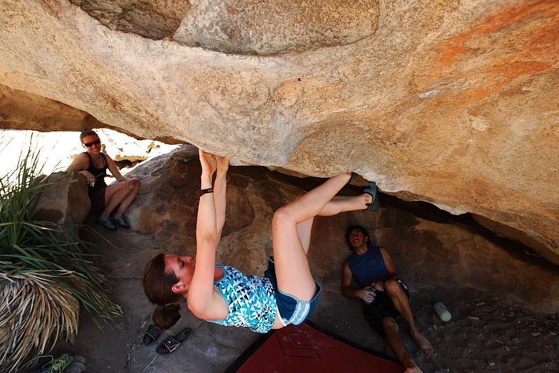 Sarah Williams rock climbing on No One Gets Out of Here Alive (V2) in Hueco Tanks State Park and Historic Site during the Hueco Tanks Awesome Fest 2010 trip, Saturday, May 22, 2010.
Filename: SRM_20100522_15303855.JPG
Aperture: f/5.6
Shutter Speed: 1/320
Body: Canon EOS-1D Mark II
Lens: Canon EF 16-35mm f/2.8 L