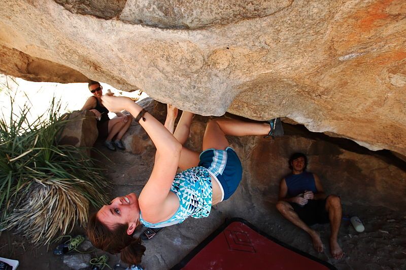 Sarah Williams rock climbing on No One Gets Out of Here Alive (V2) in Hueco Tanks State Park and Historic Site during the Hueco Tanks Awesome Fest 2010 trip, Saturday, May 22, 2010.

Filename: SRM_20100522_15304356.JPG
Aperture: f/5.6
Shutter Speed: 1/250
Body: Canon EOS-1D Mark II
Lens: Canon EF 16-35mm f/2.8 L