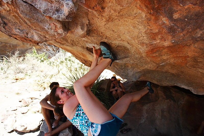 Sarah Williams rock climbing on No One Gets Out of Here Alive (V2) in Hueco Tanks State Park and Historic Site during the Hueco Tanks Awesome Fest 2010 trip, Saturday, May 22, 2010.
Filename: SRM_20100522_15305362.JPG
Aperture: f/5.6
Shutter Speed: 1/640
Body: Canon EOS-1D Mark II
Lens: Canon EF 16-35mm f/2.8 L