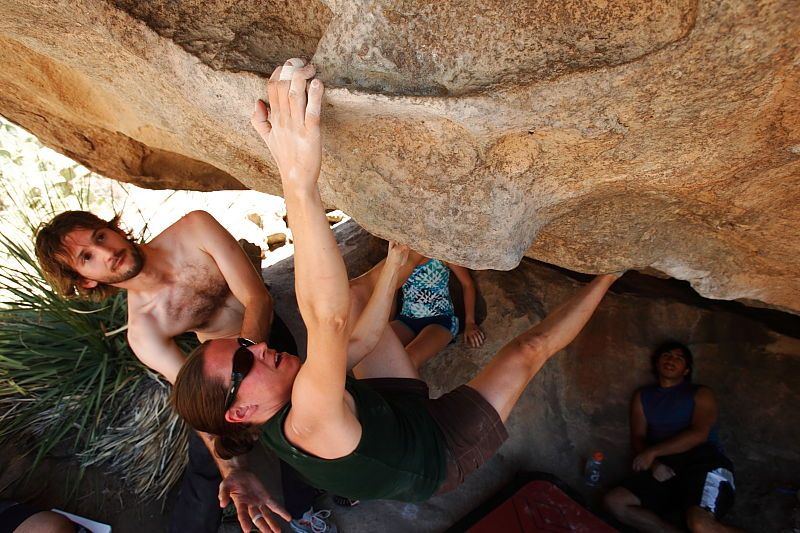 Beth Marek rock climbing on No One Gets Out of Here Alive (V2) in Hueco Tanks State Park and Historic Site during the Hueco Tanks Awesome Fest 2010 trip, Saturday, May 22, 2010.
Filename: SRM_20100522_15321595.JPG
Aperture: f/5.6
Shutter Speed: 1/400
Body: Canon EOS-1D Mark II
Lens: Canon EF 16-35mm f/2.8 L