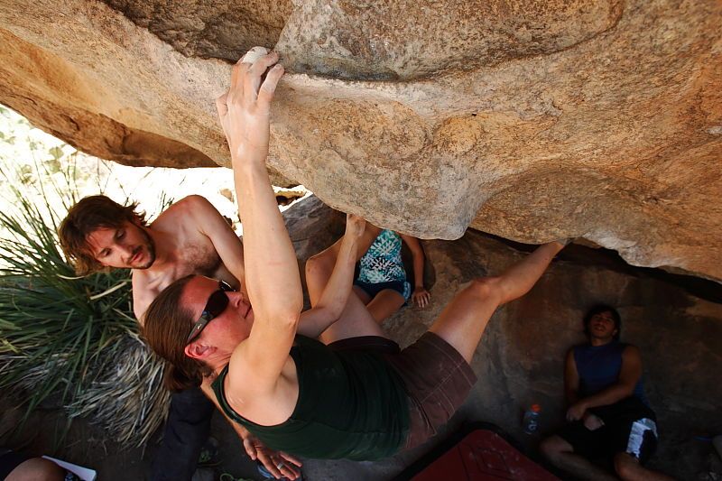 Beth Marek rock climbing on No One Gets Out of Here Alive (V2) in Hueco Tanks State Park and Historic Site during the Hueco Tanks Awesome Fest 2010 trip, Saturday, May 22, 2010.
Filename: SRM_20100522_15321698.JPG
Aperture: f/5.6
Shutter Speed: 1/400
Body: Canon EOS-1D Mark II
Lens: Canon EF 16-35mm f/2.8 L