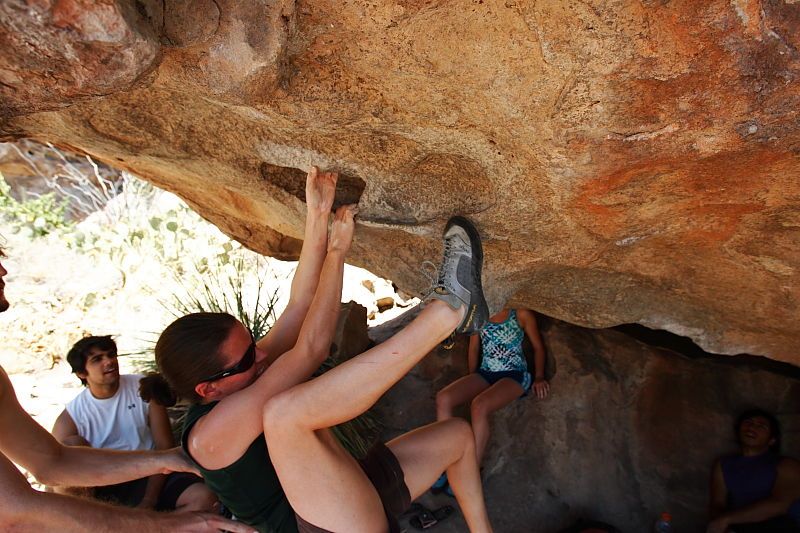 Beth Marek rock climbing on No One Gets Out of Here Alive (V2) in Hueco Tanks State Park and Historic Site during the Hueco Tanks Awesome Fest 2010 trip, Saturday, May 22, 2010.
Filename: SRM_20100522_15322408.JPG
Aperture: f/5.6
Shutter Speed: 1/500
Body: Canon EOS-1D Mark II
Lens: Canon EF 16-35mm f/2.8 L