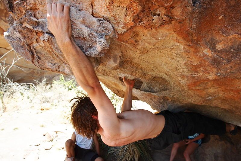 Andrew Dreher rock climbing on No One Gets Out of Here Alive (V2) in Hueco Tanks State Park and Historic Site during the Hueco Tanks Awesome Fest 2010 trip, Saturday, May 22, 2010.
Filename: SRM_20100522_15353820.JPG
Aperture: f/5.6
Shutter Speed: 1/500
Body: Canon EOS-1D Mark II
Lens: Canon EF 16-35mm f/2.8 L