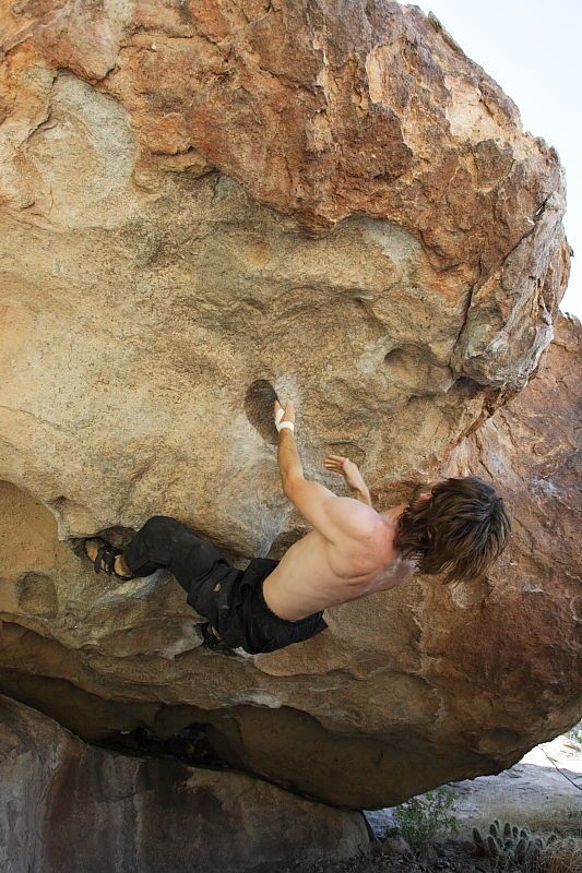 Andrew Dreher rock climbing on No One Gets Out of Here Alive (V2) in Hueco Tanks State Park and Historic Site during the Hueco Tanks Awesome Fest 2010 trip, Sunday, May 23, 2010.
Filename: SRM_20100523_10515838.JPG
Aperture: f/5.6
Shutter Speed: 1/640
Body: Canon EOS-1D Mark II
Lens: Canon EF 16-35mm f/2.8 L