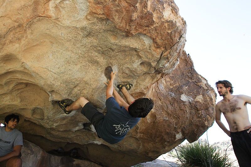 Raanan Robertson rock climbing on No One Gets Out of Here Alive (V2) in Hueco Tanks State Park and Historic Site during the Hueco Tanks Awesome Fest 2010 trip, Sunday, May 23, 2010.
Filename: SRM_20100523_10565492.JPG
Aperture: f/5.6
Shutter Speed: 1/640
Body: Canon EOS-1D Mark II
Lens: Canon EF 16-35mm f/2.8 L
