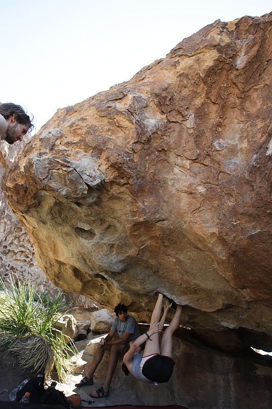 Sarah Williams rock climbing on No One Gets Out of Here Alive (V2) in Hueco Tanks State Park and Historic Site during the Hueco Tanks Awesome Fest 2010 trip, Sunday, May 23, 2010.
Filename: SRM_20100523_11011203.JPG
Aperture: f/5.6
Shutter Speed: 1/400
Body: Canon EOS-1D Mark II
Lens: Canon EF 16-35mm f/2.8 L