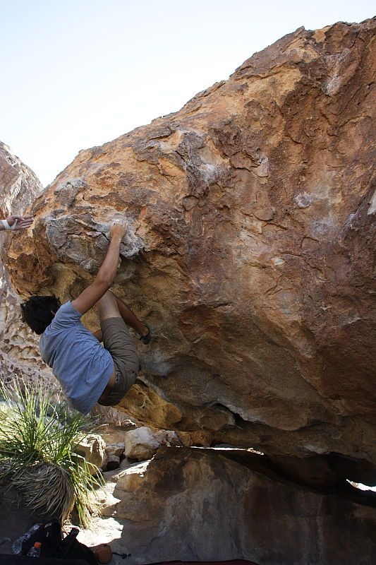 Cayce Wilson rock climbing on No One Gets Out of Here Alive (V2) in Hueco Tanks State Park and Historic Site during the Hueco Tanks Awesome Fest 2010 trip, Sunday, May 23, 2010.
Filename: SRM_20100523_11034333.JPG
Aperture: f/5.6
Shutter Speed: 1/500
Body: Canon EOS-1D Mark II
Lens: Canon EF 16-35mm f/2.8 L