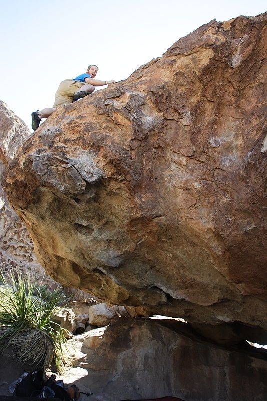 Steve Marek rock climbing on No One Gets Out of Here Alive (V2) in Hueco Tanks State Park and Historic Site during the Hueco Tanks Awesome Fest 2010 trip, Sunday, May 23, 2010.
Filename: SRM_20100523_11120337.JPG
Aperture: f/5.6
Shutter Speed: 1/500
Body: Canon EOS-1D Mark II
Lens: Canon EF 16-35mm f/2.8 L