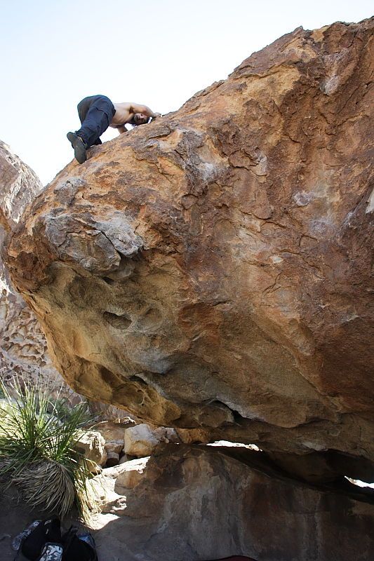 Andrew Dreher rock climbing on No One Gets Out of Here Alive (V2) in Hueco Tanks State Park and Historic Site during the Hueco Tanks Awesome Fest 2010 trip, Sunday, May 23, 2010.

Filename: SRM_20100523_11230999.JPG
Aperture: f/5.6
Shutter Speed: 1/500
Body: Canon EOS-1D Mark II
Lens: Canon EF 16-35mm f/2.8 L