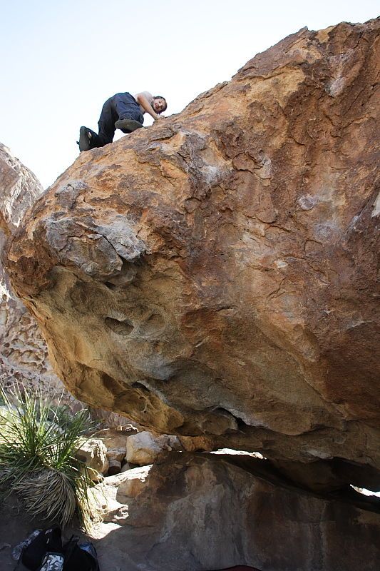 Andrew Dreher rock climbing on No One Gets Out of Here Alive (V2) in Hueco Tanks State Park and Historic Site during the Hueco Tanks Awesome Fest 2010 trip, Sunday, May 23, 2010.
Filename: SRM_20100523_11231000.JPG
Aperture: f/5.6
Shutter Speed: 1/500
Body: Canon EOS-1D Mark II
Lens: Canon EF 16-35mm f/2.8 L