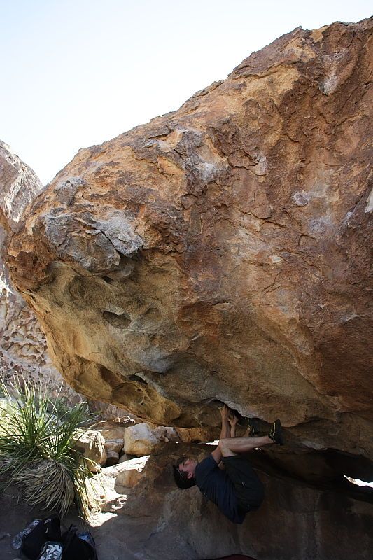 Raanan Robertson rock climbing on No One Gets Out of Here Alive (V2) in Hueco Tanks State Park and Historic Site during the Hueco Tanks Awesome Fest 2010 trip, Sunday, May 23, 2010.
Filename: SRM_20100523_11260014.JPG
Aperture: f/5.6
Shutter Speed: 1/500
Body: Canon EOS-1D Mark II
Lens: Canon EF 16-35mm f/2.8 L
